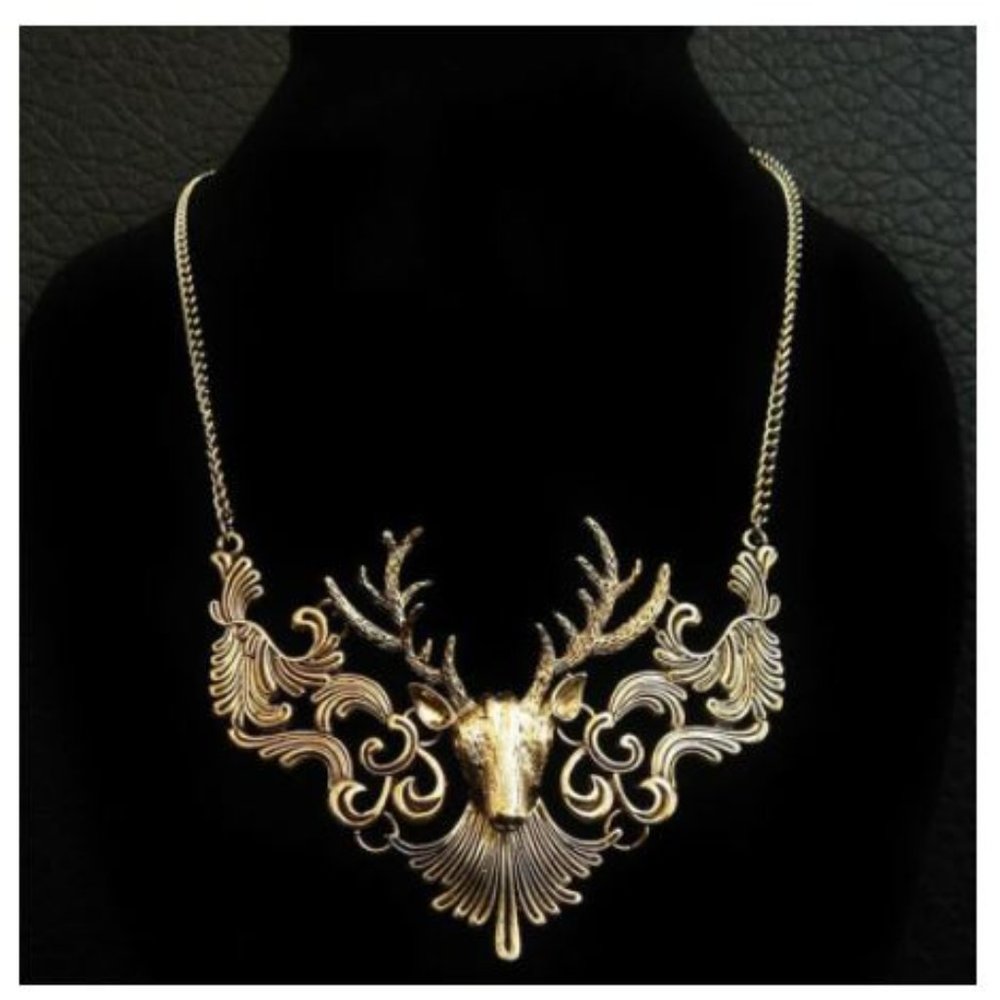 Elk Deer Necklace Vintage Style Gold Tone